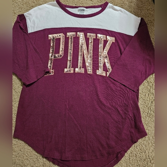 PINK Victoria's Secret Bling Vintage Oversized Sequin Spellout Quarter Sleeve - Picture 1 of 4